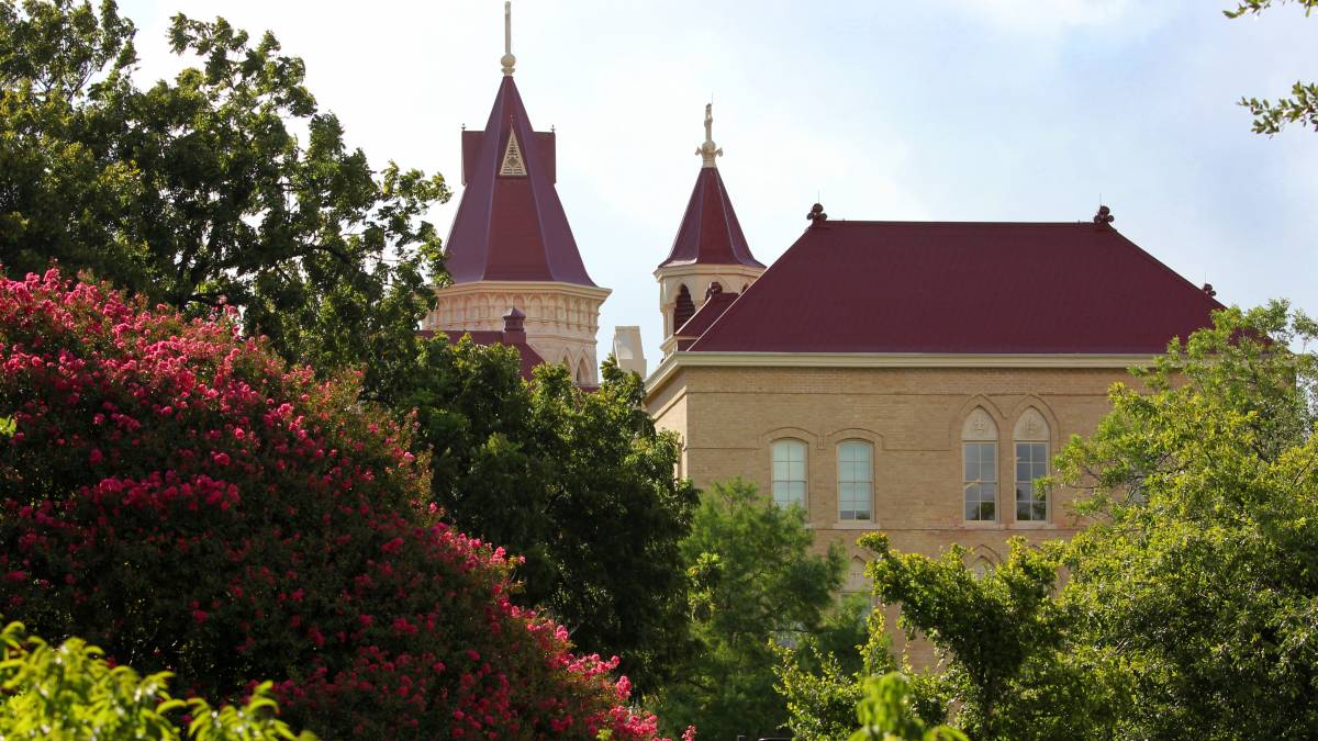 Red rooftops of a St. Edward's campus building blocked by leafy trees